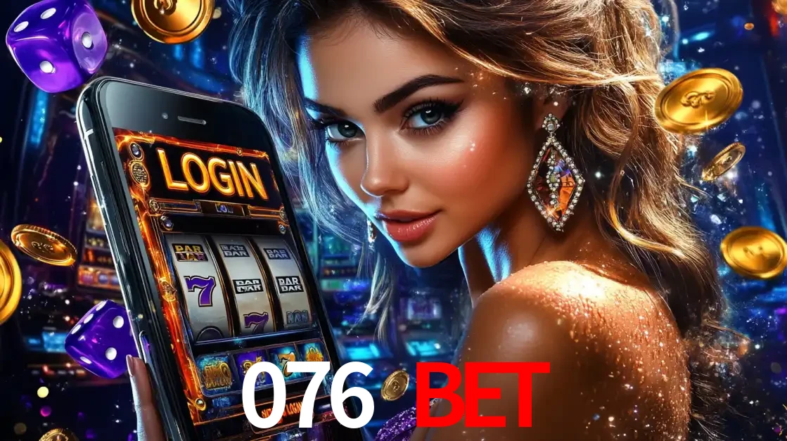 Mulher glamorosa segurando um smartphone com a tela de login para os jogos de caça-níqueis do cassino online 076 BET, com moedas de ouro e dados ao redor.